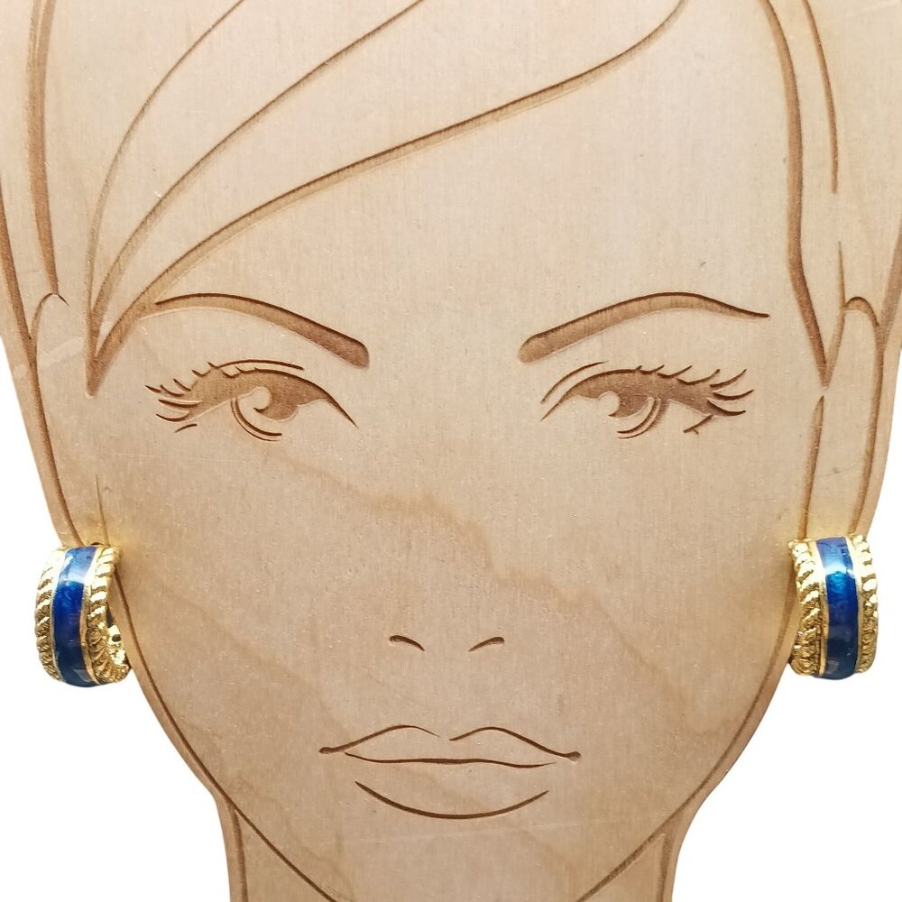 Vintage Gold-Tone Clip-On Hoop Earrings with Blue Enamel Finish